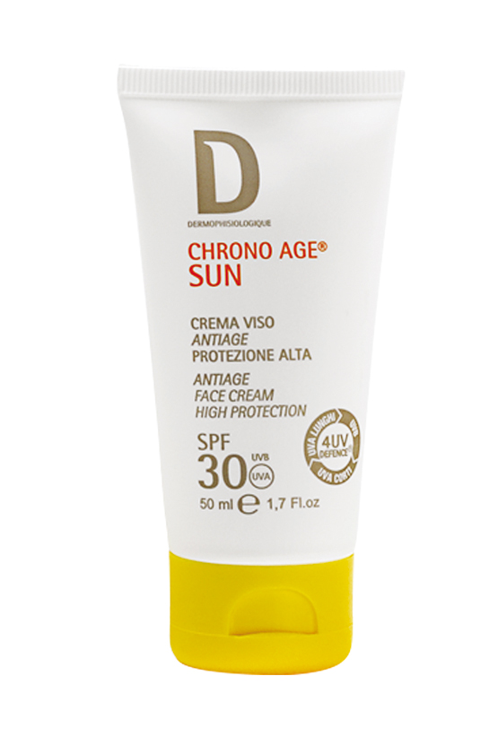 DERMOPHISIOLOGIQUE CHRONO AGE SUN CREMA VISO ANTIOSSIDANTE SPF 30, un trattamento solare viso nutriente, senza effetto unto. Garantisce una protezione globale sicura UVB e UVA, svolge un effetto riparatore contro i danni da foto-invecchiamento. € 47,00