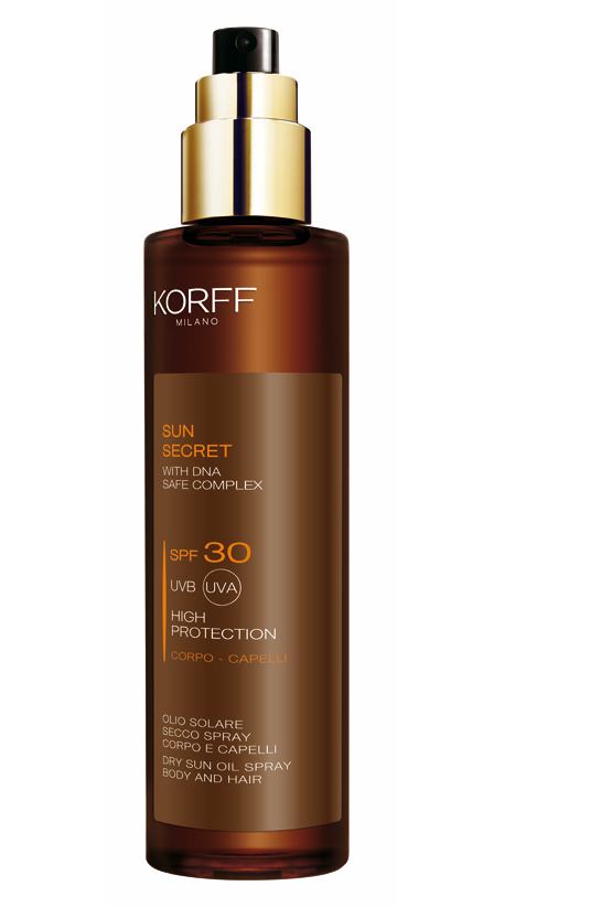 KORFF SUN SECRET OLIO SOLARE SECCO SPRAY CORPO CAPELLI SPF 30, un unico prodotto per proteggere corpo e capelli dai danni provocati dal sole, sabbia, vento, salsedine e cloro. Piacevolmente profumato e resiste all’acqua. € 25,00 in farmacia